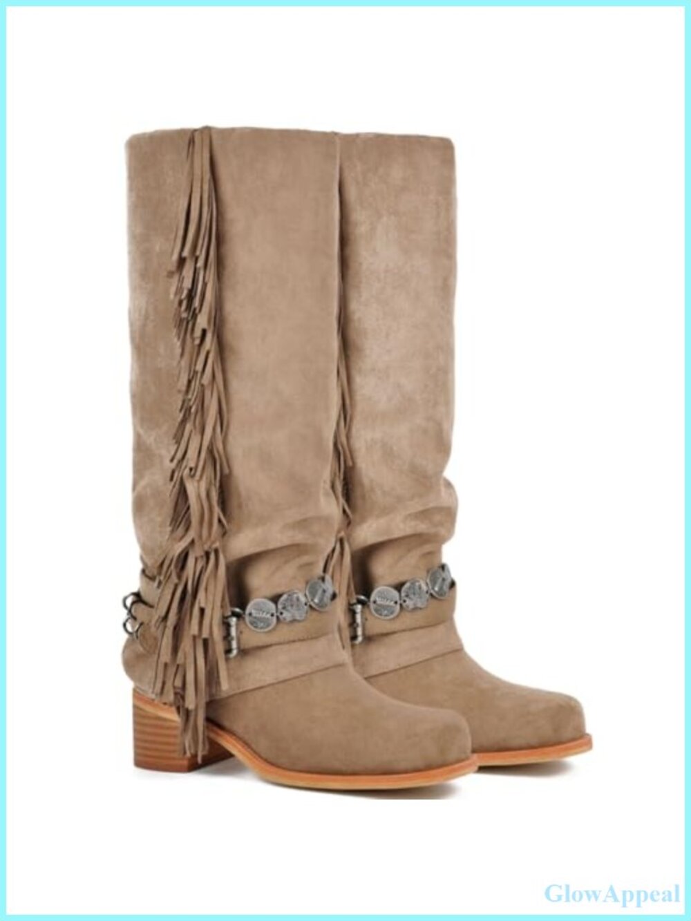 Knee High Fringe Riding Boots Suede Chunky Heel Square Toe Fold-Over